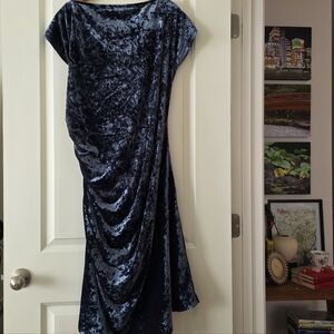 DKNY Velvet Ruched Cowl Neck Cap Sleeve Midi Dress Blue NWT Womens 16 City Chic